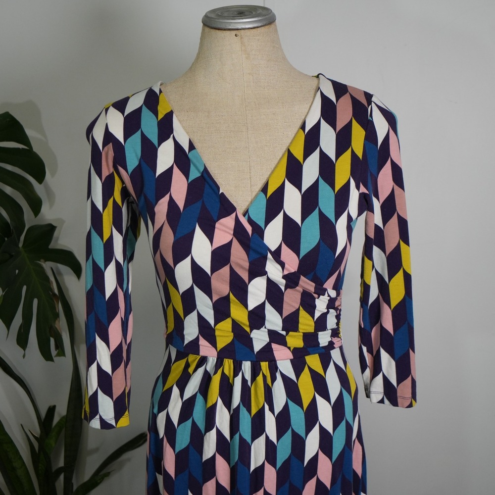 Boden Faux Wrap Dress 4R Multicolor Geometric Jersey Midi 3/4 Sleeve WH886 - Picture 2 of 9